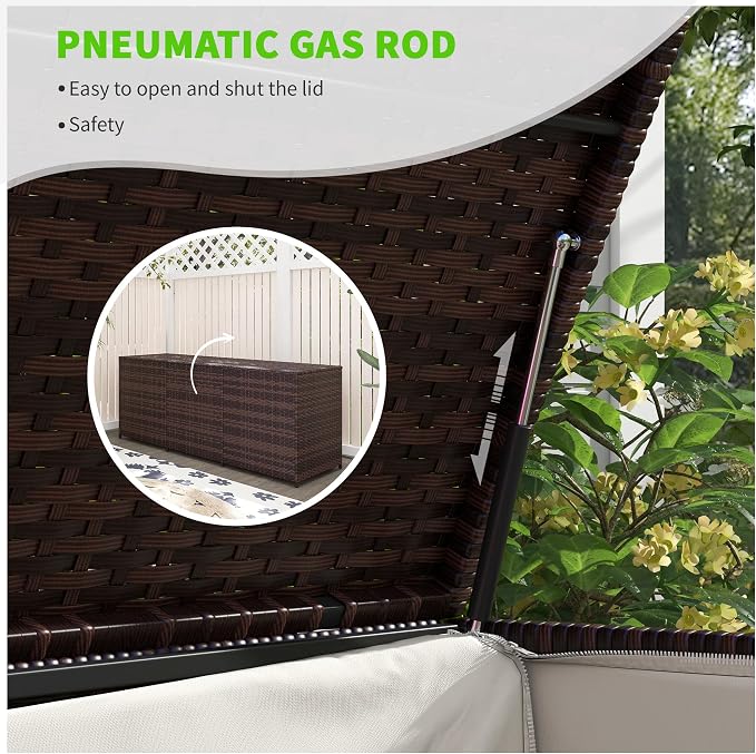 175 Gallon Outdoor Storage Box with Inner Liner, PE Rattan Wicker Deck Box with Bar Lift for Indoor Outdoor, Patio Furniture Cushions, Pool Toys, Garden Tools, Mixed Brown