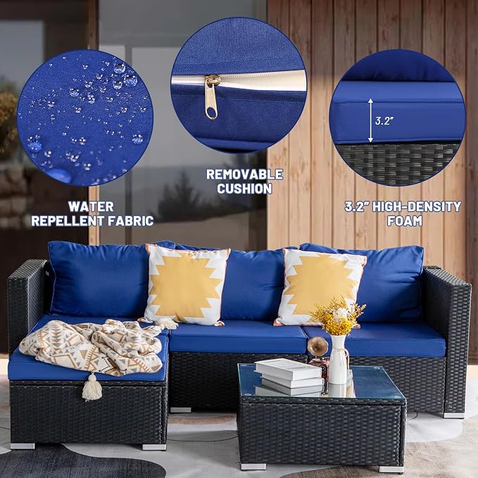 5 Piece Rattan Patio Furniture Set, Outdoor Patio Conversation Set | Soft Removable Cushion and Backrest, Tempered Coffee Table, Modern Chairs and Table Sets for Porch, Garden, Lawn, Black/Blue