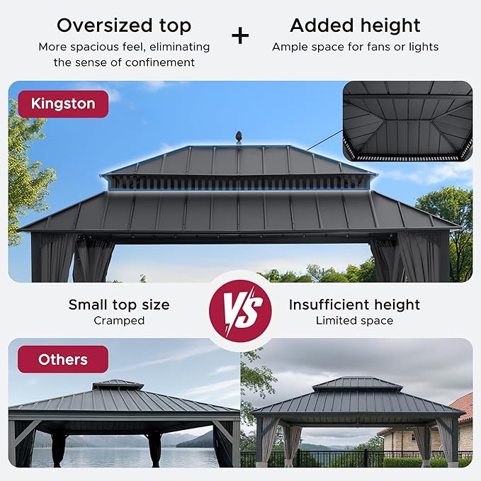 SUNJOY Kingston 16' x 12' Hardtop Gazebo with Galvanized Steel Double Roof, Curtain and Netting, Gray Aluminum Posts Permanent Pavilion Gazebo for Garden, Patio, Deck, Lawn