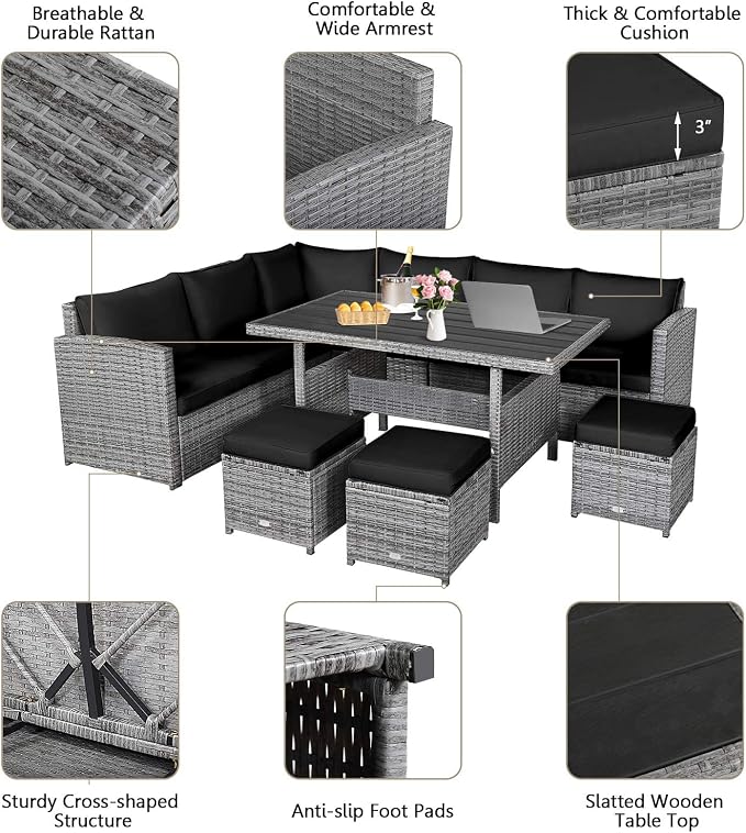 HAPPYGRILL 7 Pieces Rattan Wicker Patio Conversation Set, Outdoor Patio Furniture Set with Cushions, Rattan Sofa Set with Dining Table & Ottomans for Poolside Backyard Balcony Garden (Black)