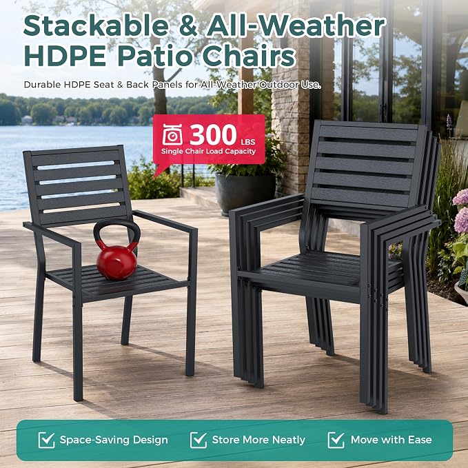 Pamapic 5-Piece HDPE Round Outdoor Dining Set, All-Weather Patio Furniture Set with Powder-Coated Iron Frame, Outdoor Table & 4 Stackable Chairs for Garden, Backyard, Poolside, Deck