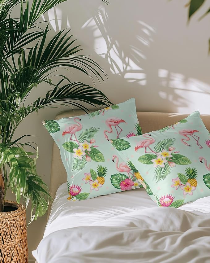 Outdoor Waterproof Throw Pillows 18x18in, Summer Flamingos Tropical Leaf Patio Pillows Pack of 2, Decorative Pillow Covers with Insert, Pillow Cushion Case for Garden Couch Sofa Pink Flower Pineapple