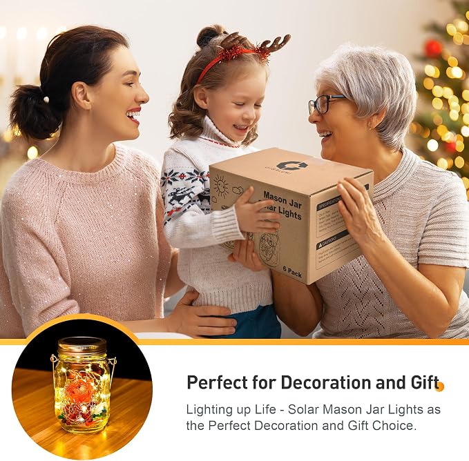 GIGALUMI Hanging Mason Jar Solar Lights, 6 Pack 30 Led Tinplate Lids | Hanging Solar Lanterns Outdoor Waterproof, Hangers and Jars Included, Outdoor Decor for Balcony, Garden, Patio, Yard, Wedding