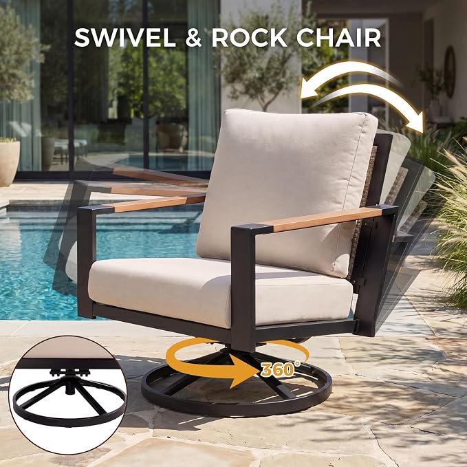 Natural Expression Patio Furniture Set, 4 Piece Metal Outdoor Conversation Set with 2 Swivel Rocker, 1 Loveseat, Handwoven Wicker Back & Fauxwood Tabletop, 3" Wide Arm with 6" Cushion for Porch, Yard