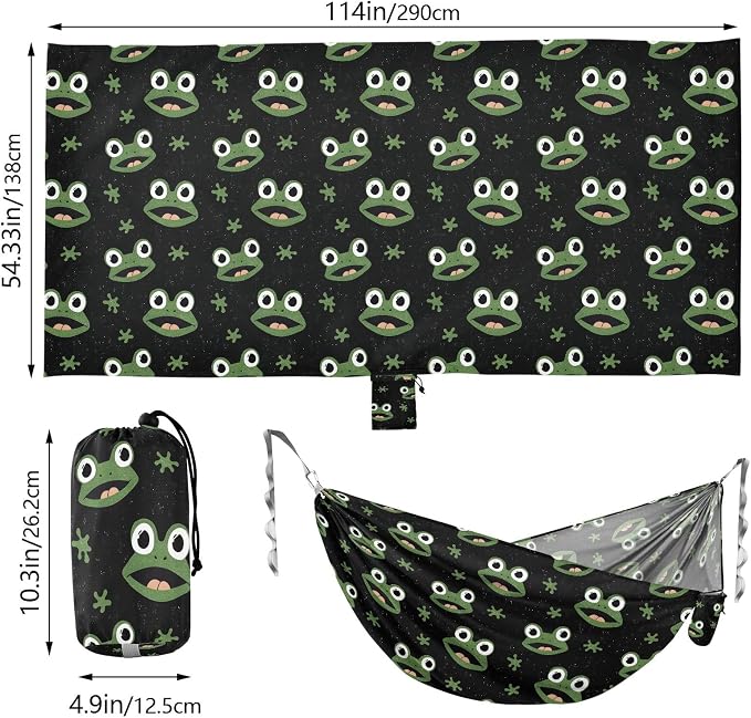 Camping Hammock Outdoor Hammocks for Outside Cute Frog Black Beach Trees Portable Lightweight with Pockets Tree Straps Indoor Small
