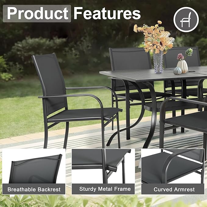 Crownland 7 Piece Patio Dining Set, Outdoor Textilene Dining Sets, 6 Textilene Metal Chairs and Rectangular Outdoor Dining Table with Sky Blue 9FT Round Outdoor Umbrella (Black)