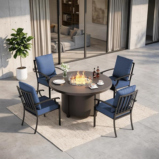 5 Pieces Outdoor Patio Furniture Set with 48" 55000 BTU Round Propane Fire Pit Table,Patio Dining Set Outdoor Conversation Sets 4 Chairs for Deck,Backyard and Garden,Dark Blue