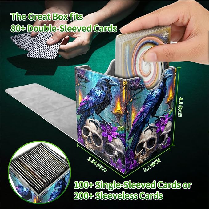 Deck Box for MTG, Cards Storage Box Fits 120+ Sleeved, Leather Medium Size Strong Magnetic Closing Card Case for Board Games Magic TCG CCG Baseball Collection, Purple Flower Eagle