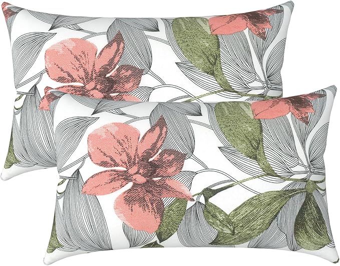 LVTXIII Outdoor/Indoor Lumbar Pillows, Decorative Patio Lumbar Cushions, Fluffy Water Repellent Garden Cushions for Home Patio Coach Sofa Use, 12×20 Inch, Pack of 2, Clemens Noir Pink