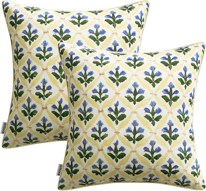 MIULEE Outdoor Floral Pillow Covers Waterproof 18x18 Yellow-Blue | Decorative Block Print,Boho Farmhouse, Set of 2 Coastal Summer Cushion Covers with Piping,Garden Patio Furniture Porch Couch