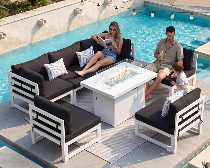 RADIATA 7 Piece L-Shaped Oversized Modern Aluminum Patio Furniture Set, All Weather Modular Sectional Sofa with Fire Pit Table, 500 lbs Heavy Duty Comfortable Outdoor Couch for Backyard Deck, Black