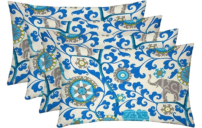 RSH DECOR: Lumbar Throw Pillows Set of 4 | 20” x 12" | All-Weather Spun Fabric | Water and Fade-Resistant | Outdoor Support Pillows for Patio Furniture | Blue Elephant Bohemian-Made in USA