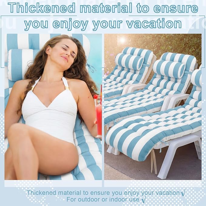 Tudomro Outdoor Chaise Lounge Cushion 66x21x4'' Waterproof & Fade-Resistant Patio Pool Chaise Lounge Cushion Headrest Pillow Tie Replacement Rocking High Back Chair(Blue, White Stripe,Set of 2)