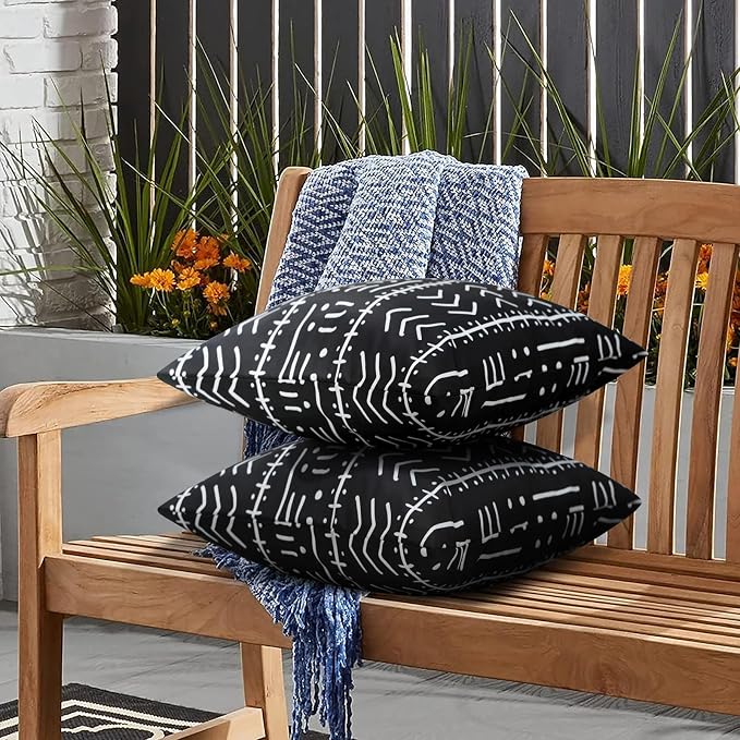 Merrycolor Set of 2 Outdoor Waterproof Throw Pillow Covers Black and White Pillow Covers Geometric Decorative Square Pillowcases Farmhouse Boho Outdoor Pillows for Patio Furniture 18x18 Inch