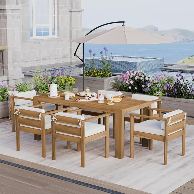 7-Piece Patio Dining Table Set for 6, Outdoor Furniture Sets with 72.8" Rectangle Table and Removable Cushions,for Backyard Garden Poolside (Light Teak+Beige#m)