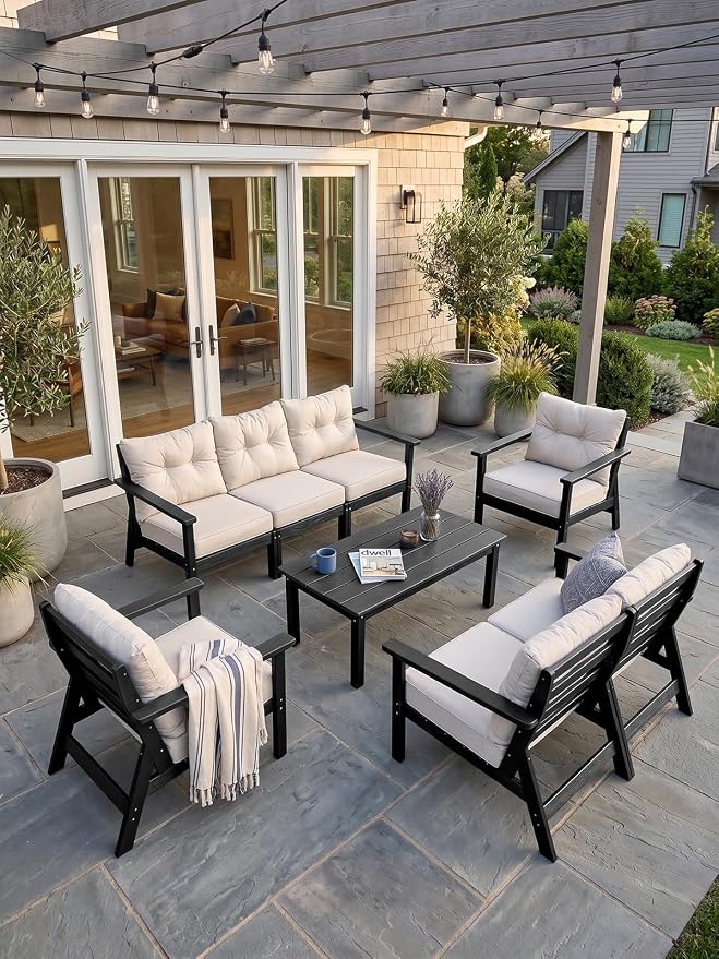 HDPE Patio Conversation Set 7 Seats, Outdoor Furniture Set, Patio Sofa Set | Water-Resistant Thick Cushion, HDPE All Weather, Wood-Grain, No Rot or Rust or Crack, UV Fade Shield, Easy-Clean for Outside
