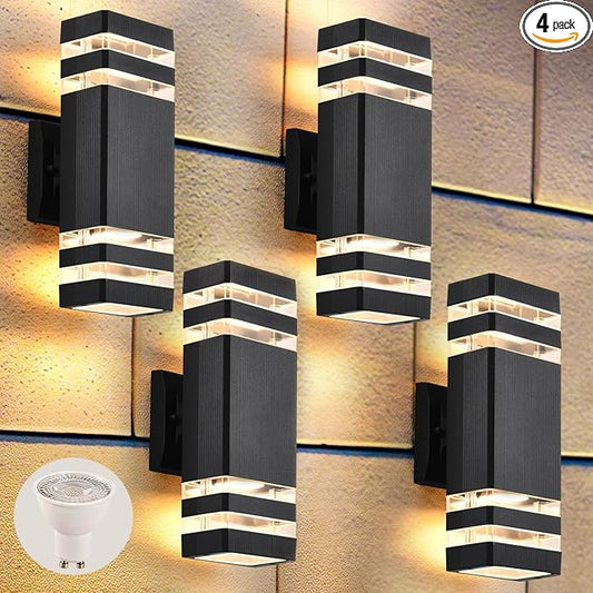 DASTOR 4 Pack Outdoor Wall Lights, Modern Exterior Lighting Fixtures Wall Mount, 2-Layer Black Outdoor Lights for House, Up and Down Lights Outdoor Sconces Wall Lighting for Porch Patio Garage