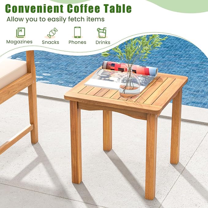 HAPPYGRILL 3 Piece Acacia Wood Patio Conversation Set, Outdoor Bistro Set with Cushions, Solid Wood Frame, 2 Armchairs & Coffee Table Set for Backyard, Porch, Poolside (Off White)