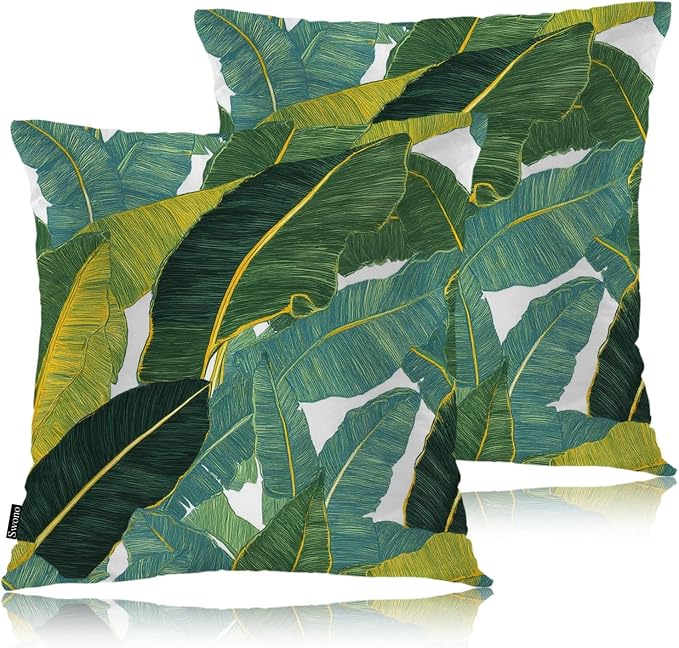 Swono Palm Leaves Home Decorative Throw Pillows Covers, Tropical Leaf Jungle Palms Set of 2 Outdoor Pillow Case for Livingroom Bedroom, Boho Pillow Cushion Covers for Man Woman 18"X18", Green