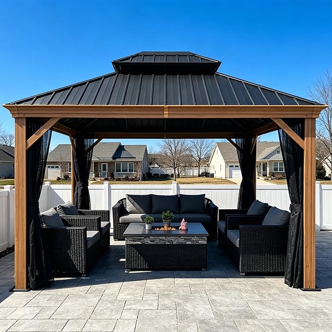 PURPLE LEAF 10' X 12' Outdoor Hardtop Gazebo for Patio Galvanized Steel Double Roof Permanent Canopy Teak Finish Coated Aluminum Frame Pavilion Gazebo with Netting