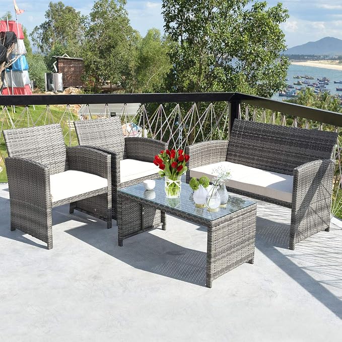 DORTALA 4 Piece Patio Furniture Set, Outdoor Wicker Conversation Set with Soft Cushions & Tempered Glass Coffee Table, Rattan Patio Sofa Bistro Sets for Courtyard Balcony, Beige