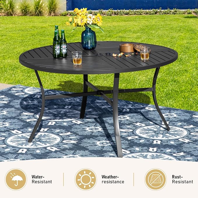 SUNSHINE VALLEY 7 Piece Outdoor Dining Set for 6, 54" Round Metal Table with Umbrella Hole, 6 Blue Dining Chairs, Patio Table and Chairs Set for Backyard Lawn