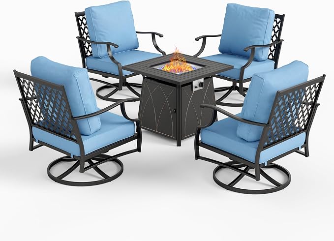 SUNSHINE VALLEY 5 Piece Metal Outdoor Patio Furniture Set with Fire Pit Table, Patio Conversation Sets 4 Swivel Chairs with 5.75" Thick Cushion and 5000 BTU Fire Pit Table, Backyard Furniture, Blue