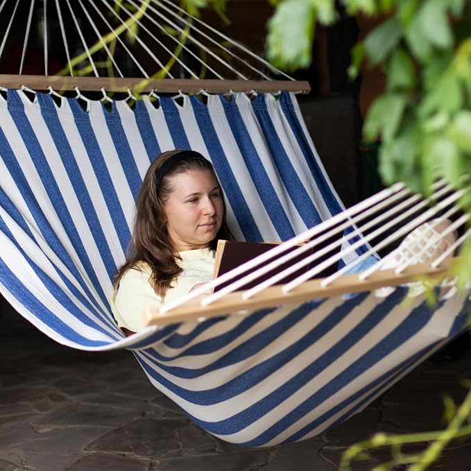 Striped Macrame Quilted Two Person Double Hammock - 9' x 56" - Blue and Cream