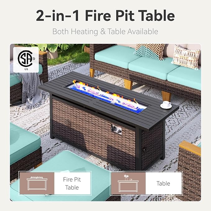 GREEN PARTY 9 Pieces Wicker Patio Furniture Set with 56" Fire Pit Table, All-Weather Outdoor Rattan Patio Sectional Sofa Conversation Set with 4" Thick Cushions for Backyard, 2 x Ottomans (Blue)