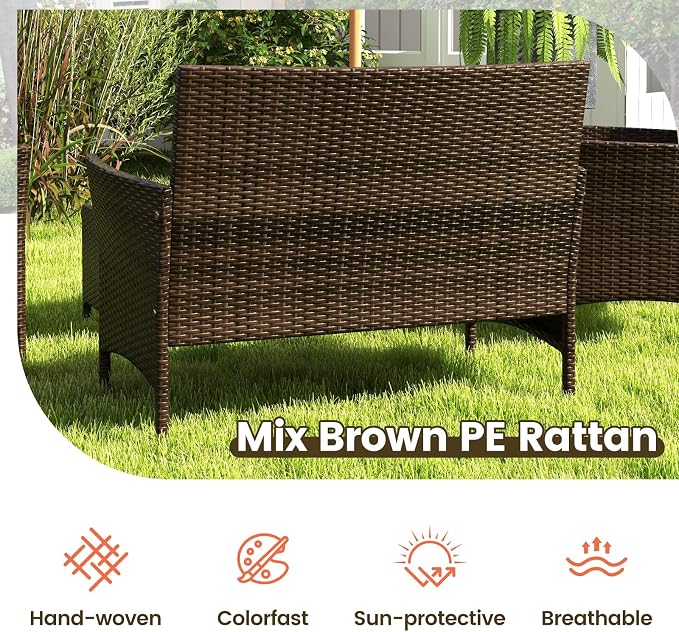 RELAX4LIFE 8-Piece Patio Furniture Set - Rattan Outdoor Conversation Bistro Set w/Cushions, Glass Coffee Table, Wicker Chairs & Loveseat for Garden Backyard Porch, Balcony Furniture Set (2, Orange)