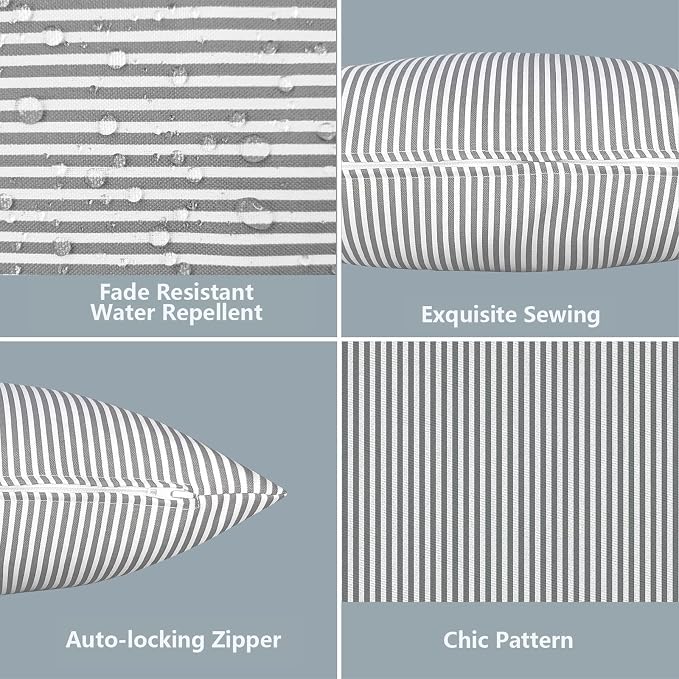 LVTXIII Outdoor/Indoor Lumbar Pillow Covers ONLY Patio Decorative Lumbar Pillow Cases Fade Resistant Cushion Cases for Outdoor Home Patio Furniture, 12” x 20” Pack of 2 - Stripe Grey