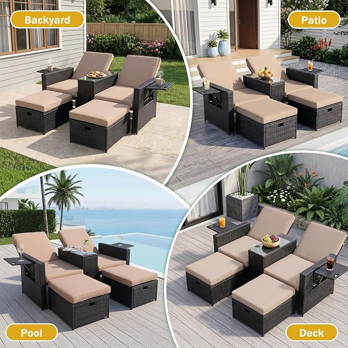 LVUYOYO 5 Piece Patio Furniture Set, Patio Wicker Conversation Set with Ottoman, Outdoor Chaise Lounge Chair with Side Table & Adjustable Backrest for Pool Backyard Garden (Black Wicker Khaki Cushion)