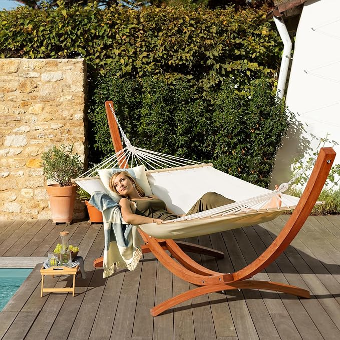 ECOTOUGE 14 FT Wooden Hammock with Stand, Outdoor Double Hammock with Wood Stand 2 Person Heavy Duty Hammock and Stand for Outside Backyard, Balcony, Porch, Patio, Garden, 550 lbs Capacity, White