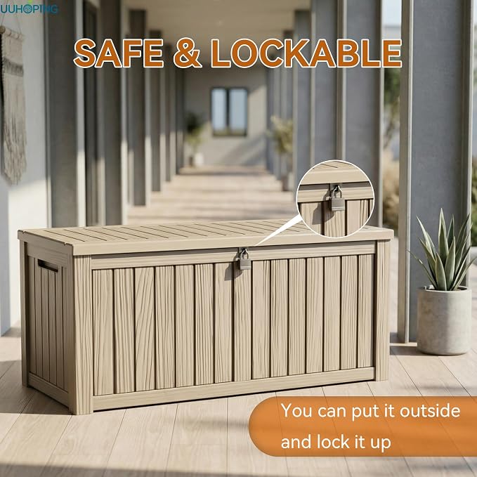 ROJIK Outdoor Storage Box – 150 Gallon Mobile Waterproof Resin Deck Box, Lockable Storage for Patio Cushions, Garden Tools, Pool Accessories – UV-Resistant Storage Bench for Backyard & Deck(Grey)