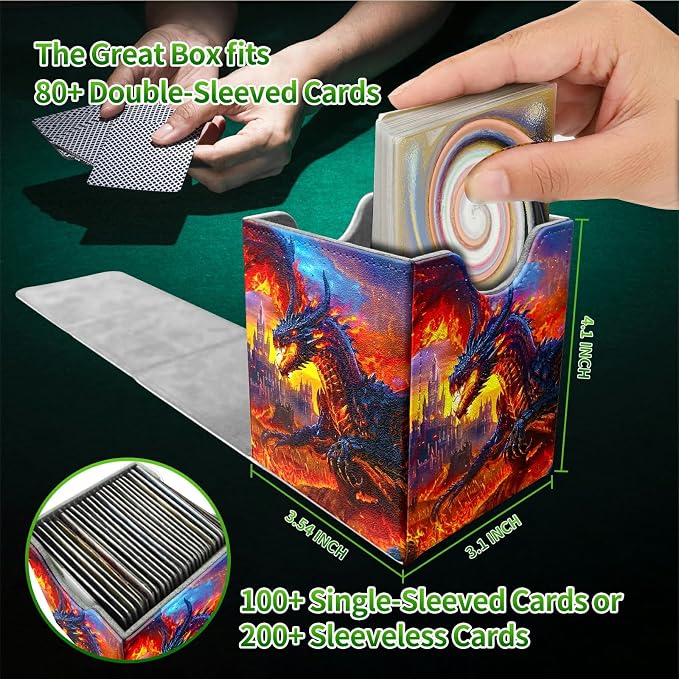 Deck Box for MTG, Cards Storage Box Fits 120+ Sleeved, Leather Medium Size Strong Magnetic Closing Card Case for Board Games Magic TCG CCG Baseball Collection, Castle Flaming Dragon