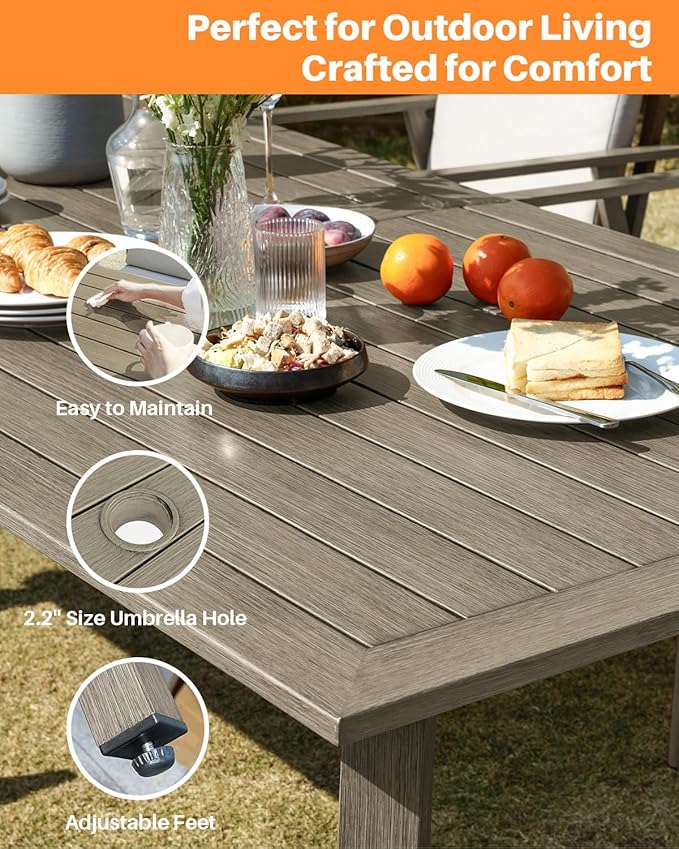 9 Pieces Outdoor Dining Set, Never-Rust Aluminum Patio Swivel Dining Set with Umbrella Hole, 360° Rotation Outdoor Patio Furniture Set, 8 Swivel Chairs and Table for Decks, Backyard, Limed Oak