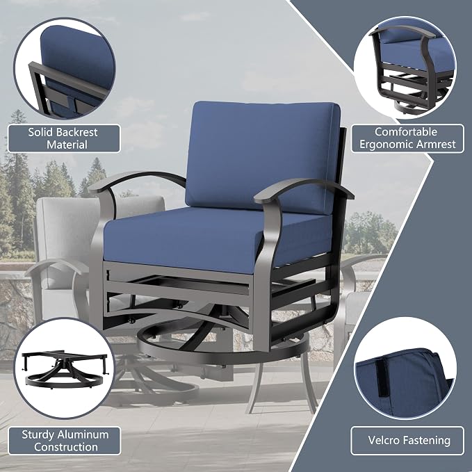 Aluminum Outdoor Patio Furniture Set,6 Pieces 7 Seats Patio Conversation Sets,Metal Patio Sectional Furniture Set with 5.1" Thickened Cushions,Swivel Rocking Chairs Set,Navy Blue