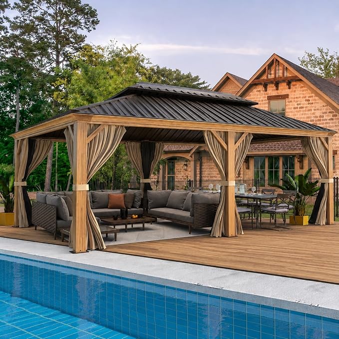 YOLENY 12' x 20' Hardtop Gazebo Wood Grain Pergola with Galvanized Steel Double Roof, Aluminum Frame, Outdoor Patio Gazebo with Netting and Curtains for Deck, Backyard, Patio and Lawns