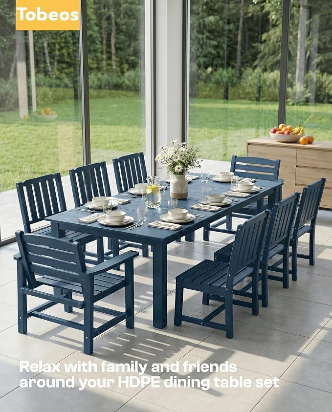5-Piece Outdoor Dining Set with Aluminum Frame for 4,Navy Blue | HDPE material, 2" umbrella hole, patio table and chairs, ideal for yard, lawn, garden, balcony, deck, poolside
