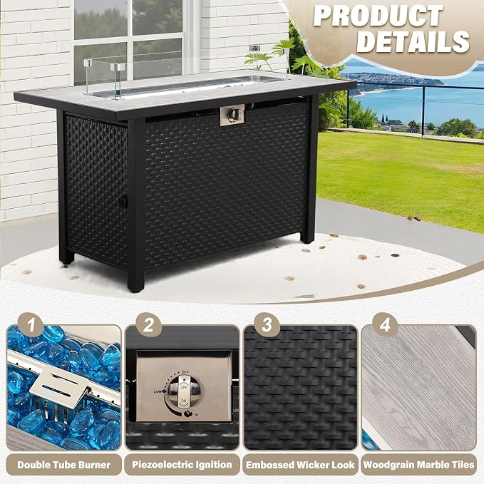 Rattan Star Outdoor Furniture Sets Patio Couch Outdoor Chairs 50000 BTU Propane Fire Pit 4 Pcs Patio Furniture Set 45In Fire Pit Table with No-Slip Cushions and Waterproof Covers, Khaki