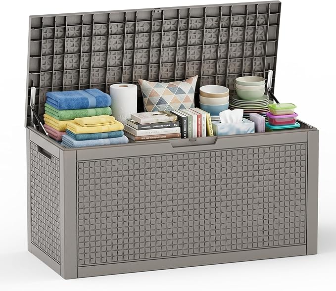 EasyUp 110 Gallon Deck Boxes Outdoor Waterproof, Resin Outside Storage Box for Patio Cushion Furniture Pool Accessories Garden Tools Indoor Outdoor Storage Bench (110 Gallon, Grey)