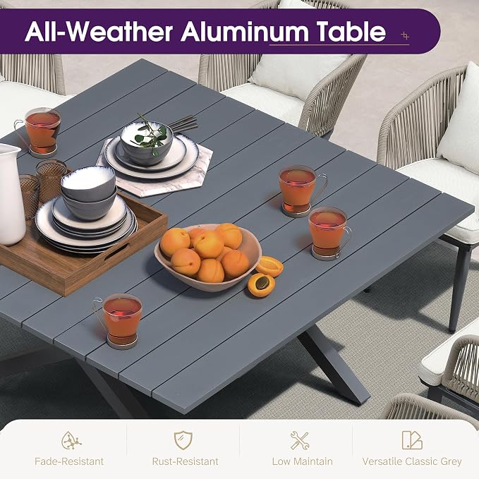 PURPLE LEAF 14 Pieces Patio Dining Set Wicker Outdoor Furniture Oversize Rectangular Table and Chairs Set for Garden Deck Aluminum Frame Backyard Kitchen Set, Cushions and Pillows Included Taupe