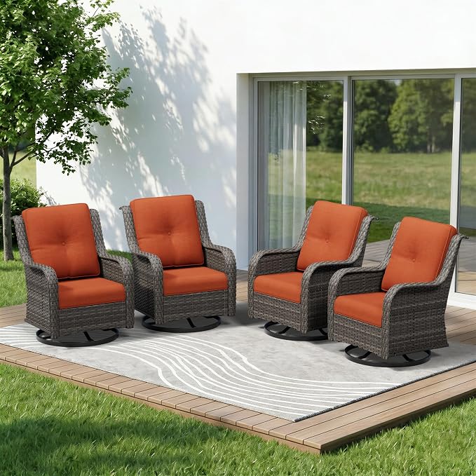 4 Piece Outdoor Swivel Rocker Patio Chairs Set, Patio Chairs Set of 4 with Thickened Olefin Cushions, High Back and Deep Seating, Hand-Woven PE Rattan for Porch, Deck, Orange