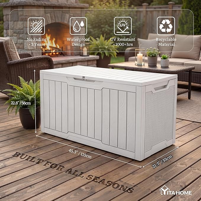 YITAHOME 100 Gallon Large Outdoor Deck Box, Waterproof Resin Storage Box, Lockable Indoor Outdoor Storage Container for Patio Furniture Cushions, Pool Accessories, Garden Tools, White