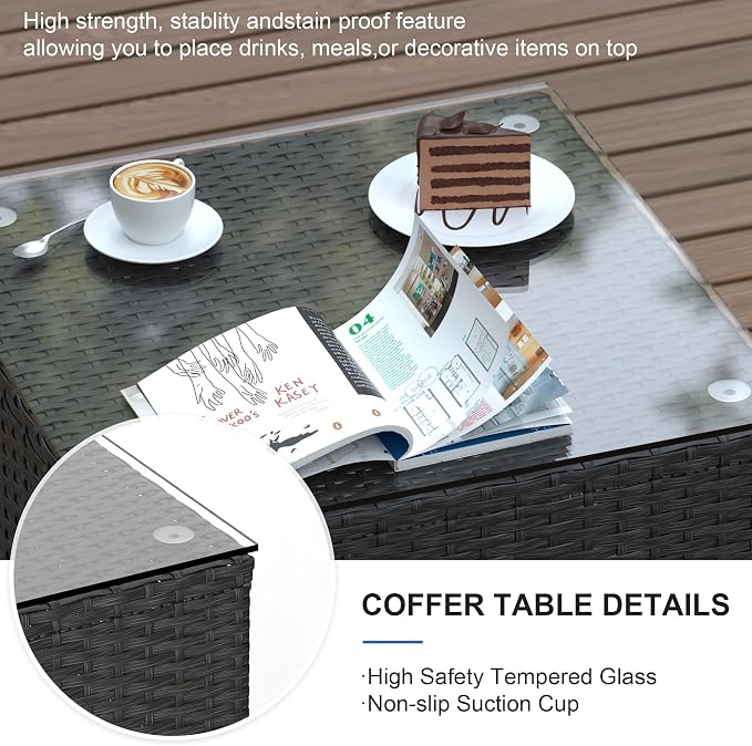Patio Furniture Set, 6PCS Patio Sectional w/ Fire Pit Tabel Ottoman Wicker Rattan Outdoor Furniture with Thickened Cushion Modular Wicker Patio Conversation Set with Glass Top Table for Balcony(Red)