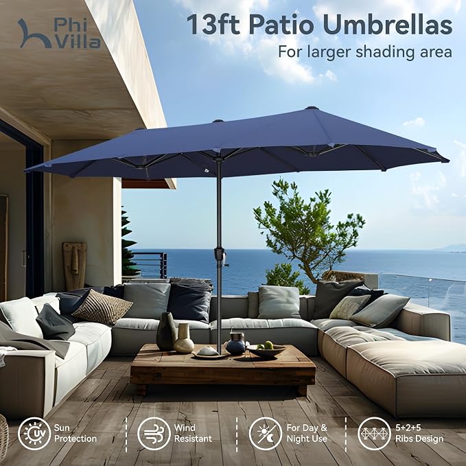 PHI VILLA 8 Pcs Outdoor Dining Set with 13ft Umbrella, Mesh Patio Chairs | 59'' rectangular metal table, 2 swivel & 4 fixed patio chairs and 13ft navy blue umbrella(NO BASE) for deck, garden, backyard