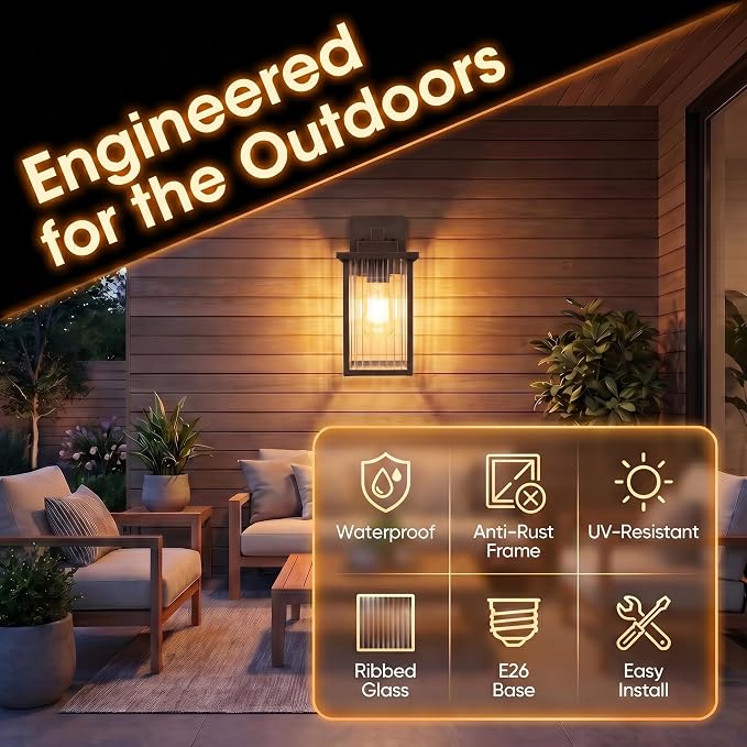 13" Oil-Rubbed Bronze Outdoor Wall Light, All-Metal Frame Porch Light | Textured Glass Softens Glare, Stays Bright. Rust-Resistant Bronze Metal. Pre-Assembled DIY Install. For Porch, Garage & Entry