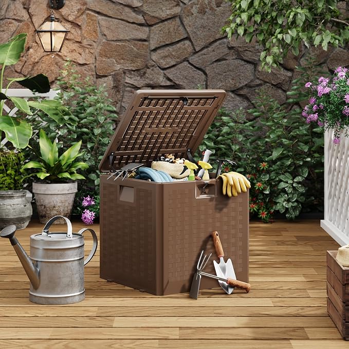 IDEALHOUSE 28 Gallon Deck Box, Waterproof Outdoor Storage Box with Lockable Lid, Heavy-Duty Resin Patio Furniture Cushion Storage Container for Garden, Backyard and Poolside, Brown