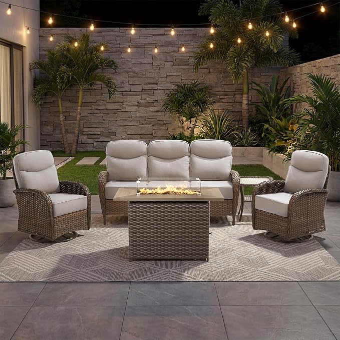 Luxury 6-Inch Cushion Patio Furniture Set with 41" Fire Pit Table, High Back Swivel Rocker Patio Chairs with Outdoor Couch, Outdoor Wicker Conversation for Deck Porch Garden Balcony Poolside