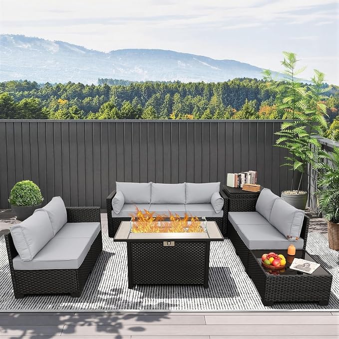 6 Piece Outdoor Furniture Sets Patio Furniture Set with 45 Inches Gas Fire Pit Outdoor Storage Box Glass Coffee Table and Waterproof Covers Anti-Slip Light Grey Cushions
